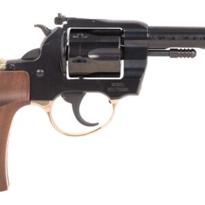 Black revolver with wooden grip on white background