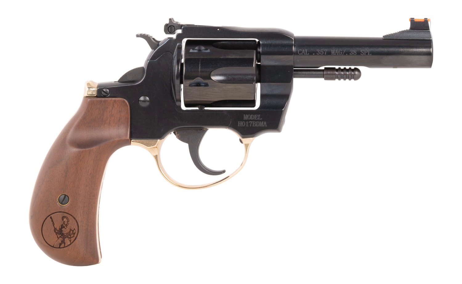 Black revolver with wooden grip on white background