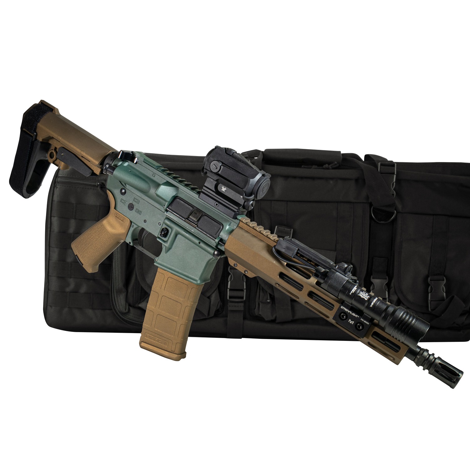 AR-15 style rifle on tactical bag