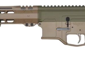 Tan and black AR-style rifle on white background