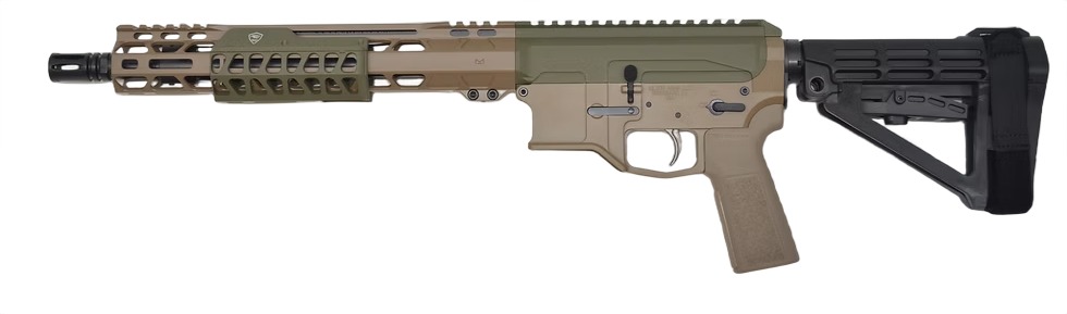 Tan and black AR-style rifle on white background