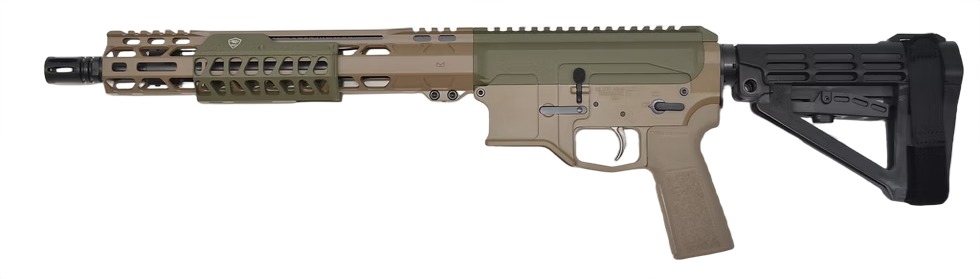 Tan and black AR-style rifle on white background