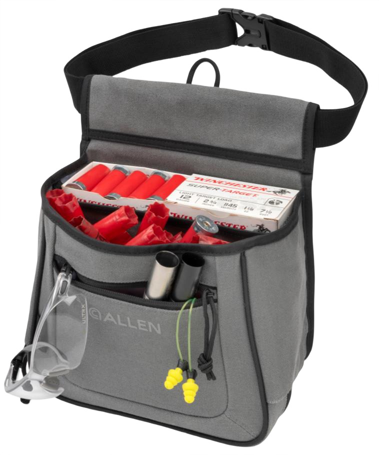 Gray range bag with shotgun shells and gear