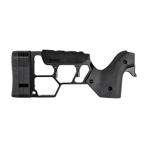 Black adjustable rifle stock on white background