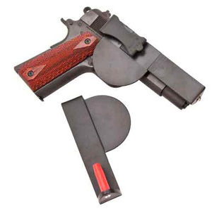 Handgun with wooden grip, holster, and magazine