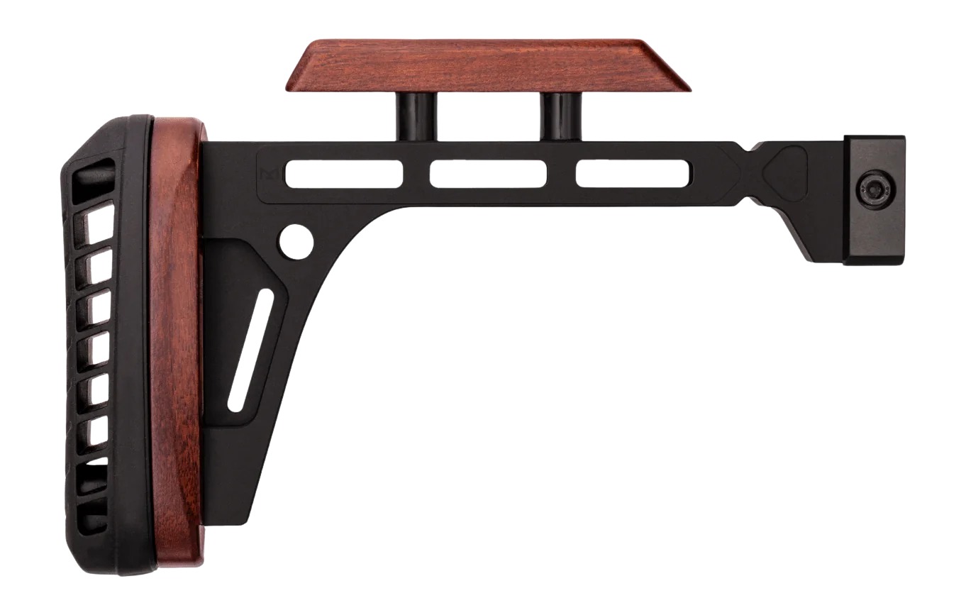 Black metal rifle stock with wooden cheek rest