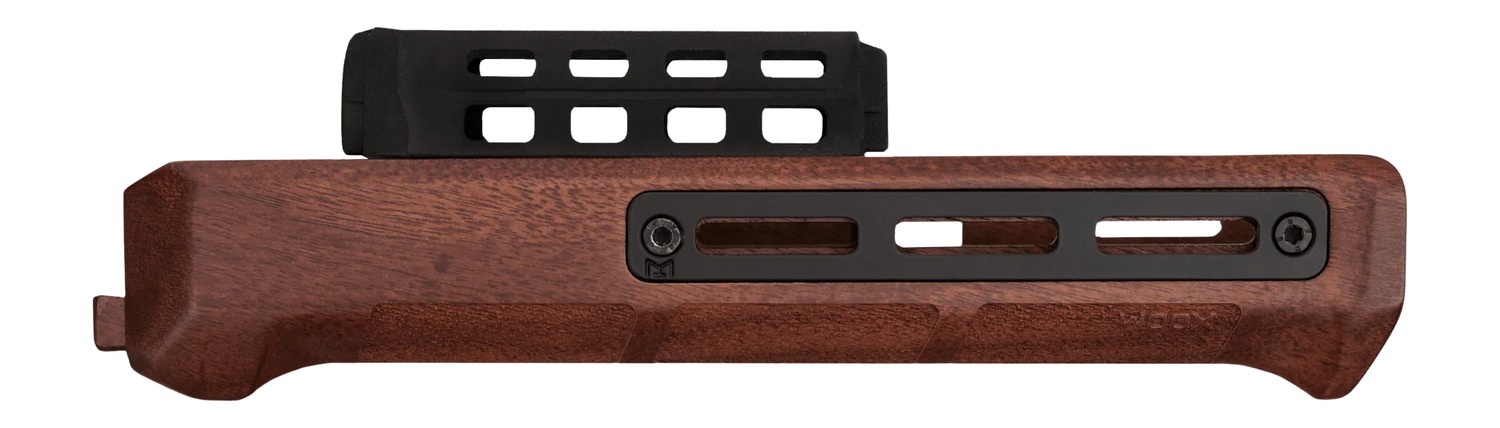 Wooden rifle stock with black mounting rail