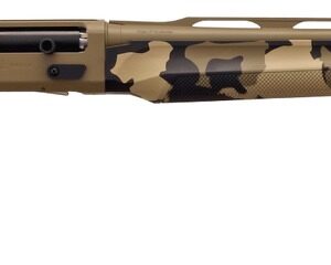 Camouflage pump-action shotgun on white background