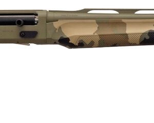 Camouflage pump-action shotgun on white background