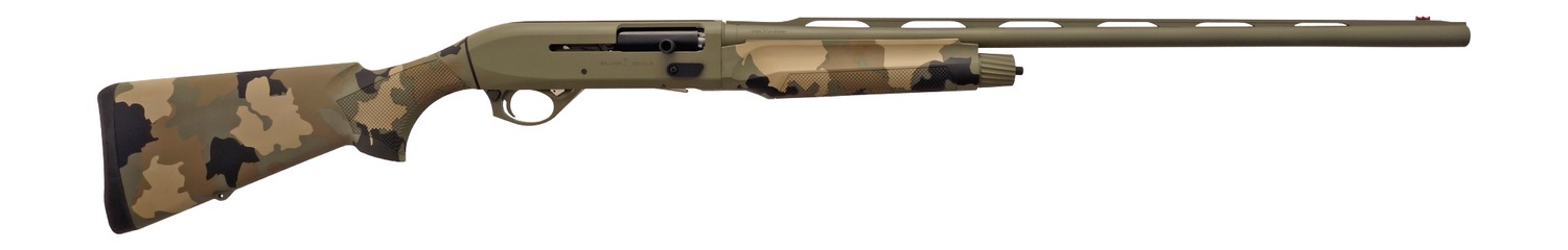 Camouflage pump-action shotgun on white background