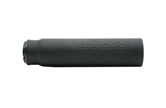 Black cylindrical firearm suppressor on white background