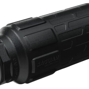 Black cylindrical firearm suppressor with threaded end