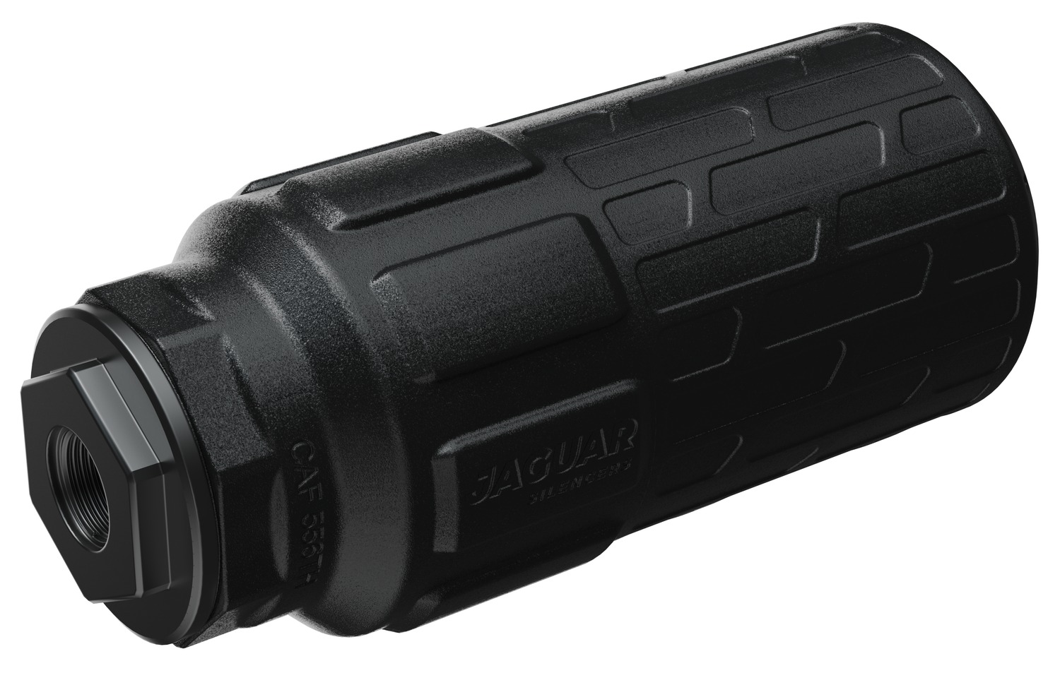 Black cylindrical firearm suppressor with threaded end