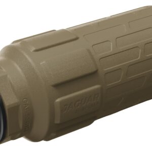 Tan firearm suppressor with threaded metal end