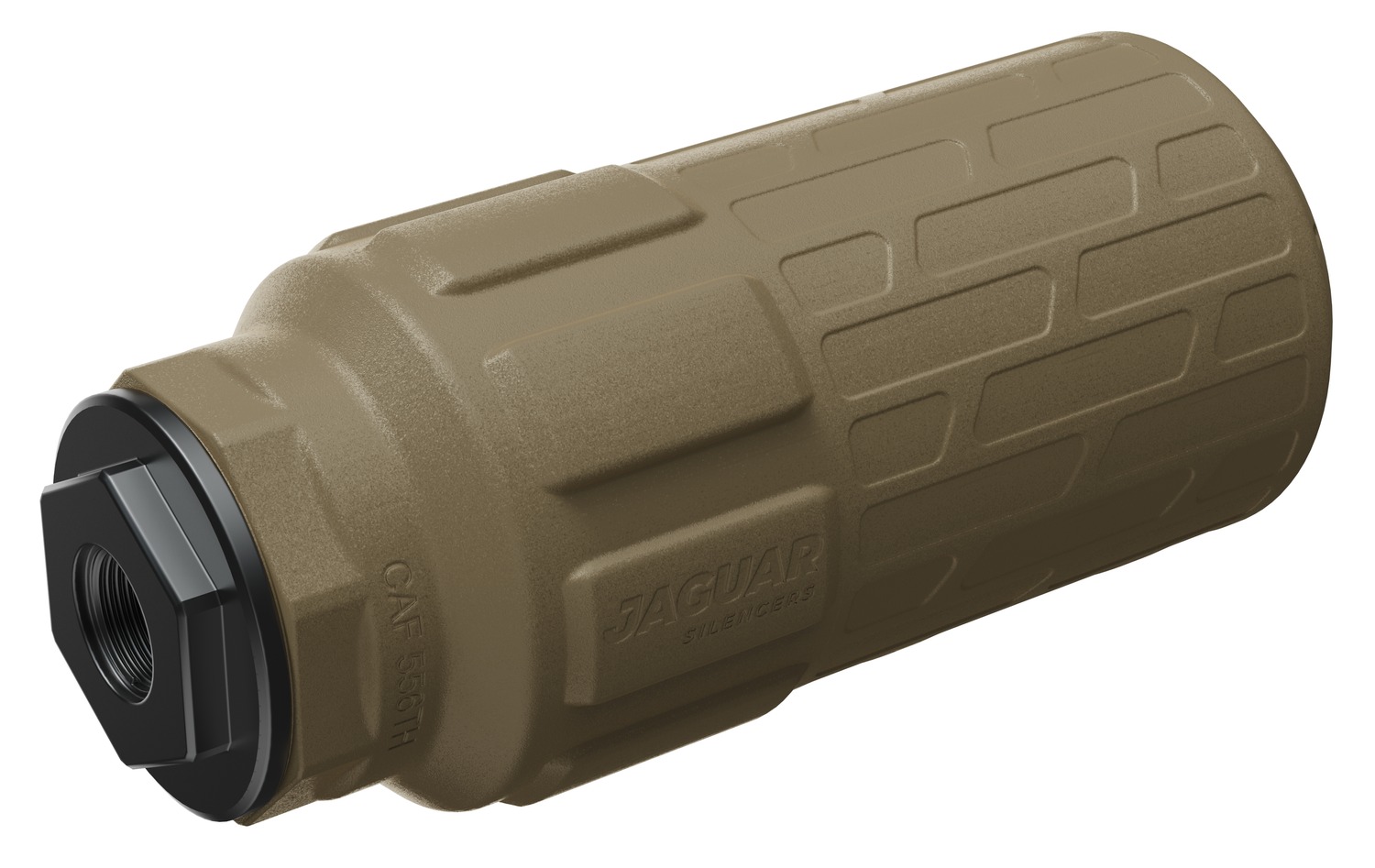 Tan firearm suppressor with threaded metal end