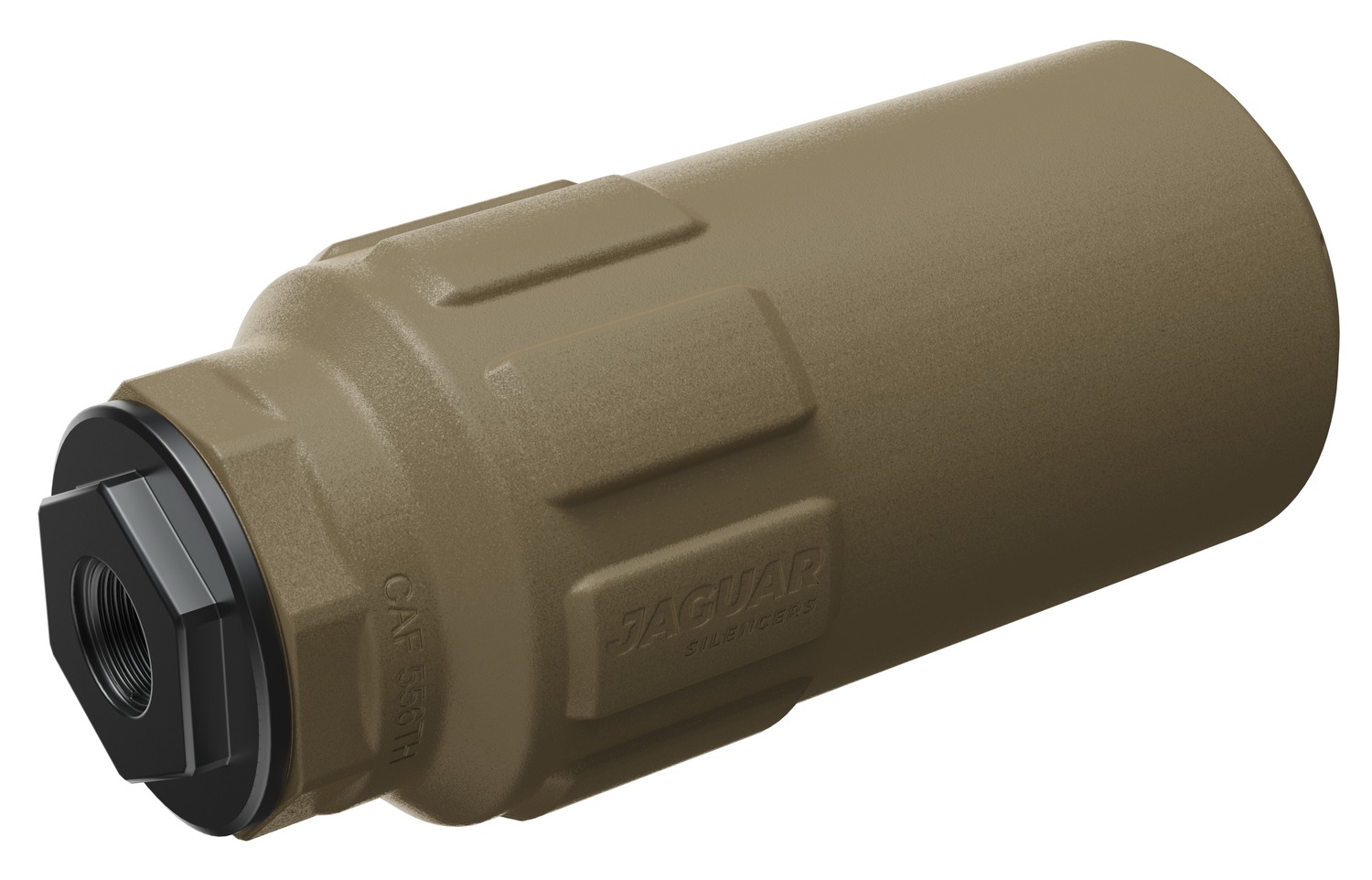 Tan firearm suppressor with threaded front end