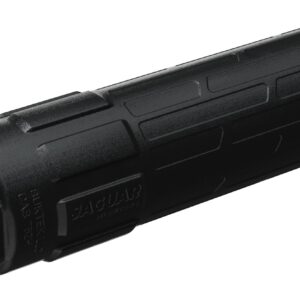 Black cylindrical firearm suppressor on white background