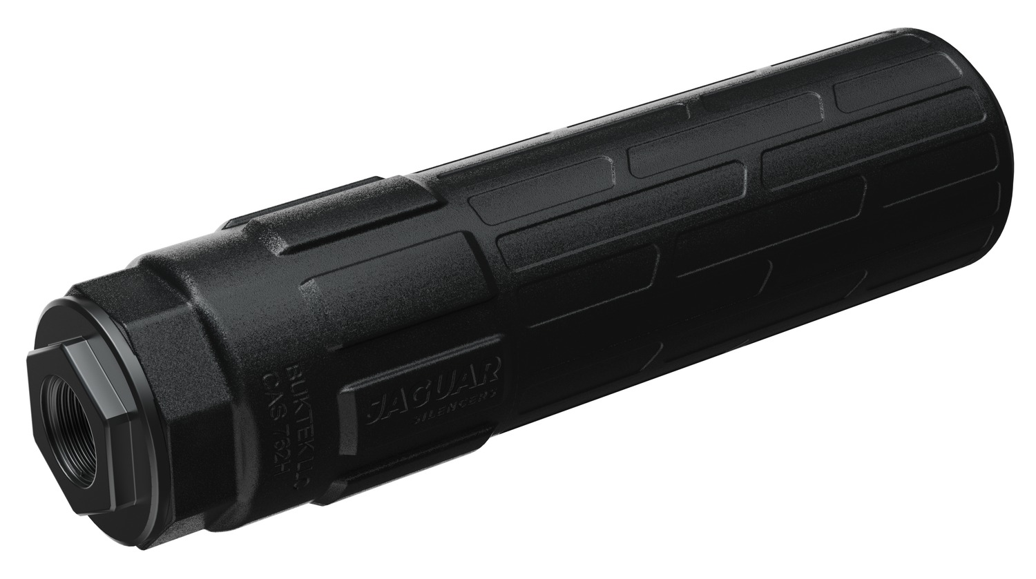 Black cylindrical firearm suppressor on white background
