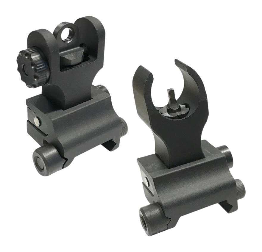 Black flip-up iron sights for rifle