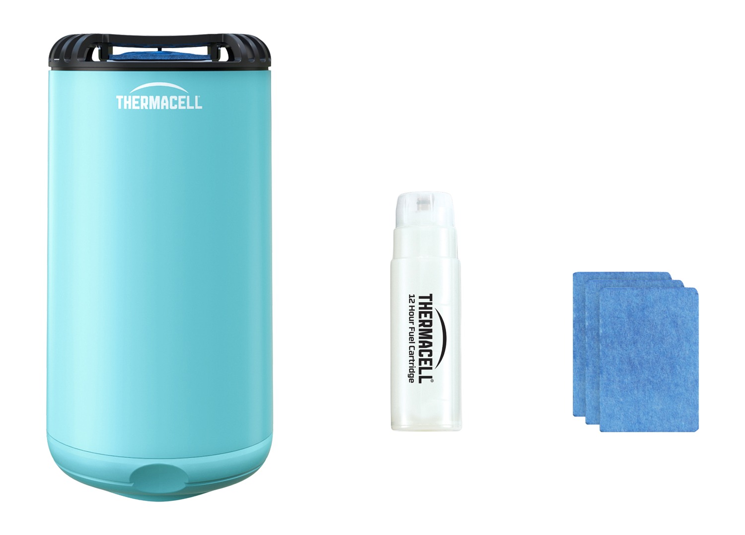Thermacell mosquito repeller with fuel cartridge and mats