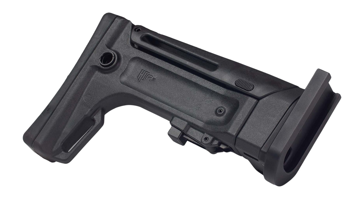 Black adjustable rifle buttstock on white background