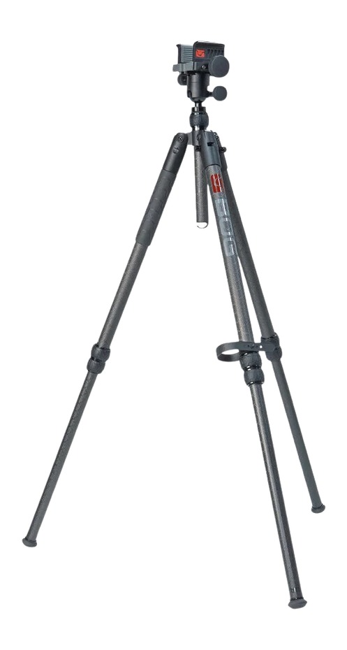 Black adjustable camera tripod on white background