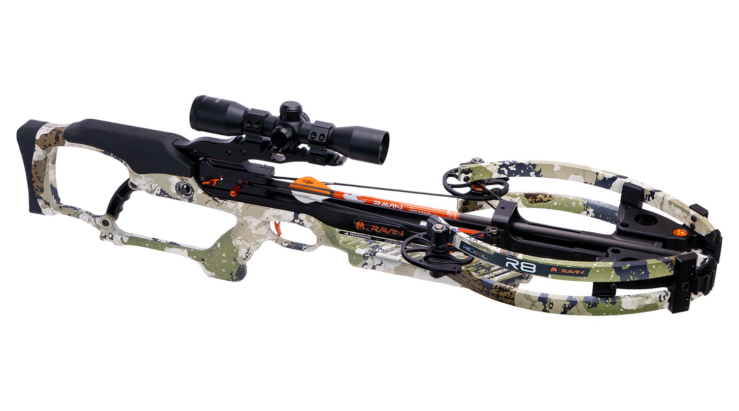 Camouflage crossbow with mounted scope on white background