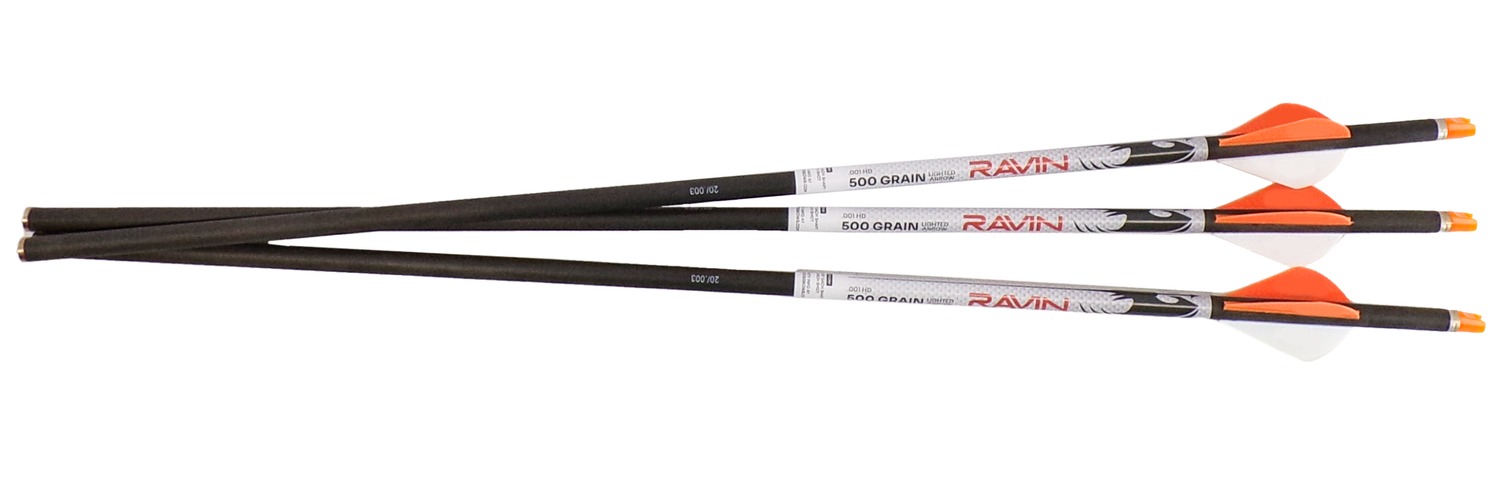 Three Ravin 500-grain crossbow arrows with orange fletching