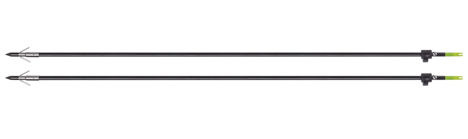 Two bowfishing arrows with barbed broadhead tips