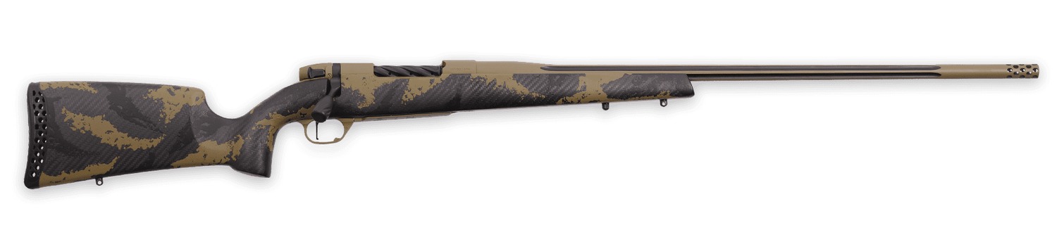 Camouflage bolt-action hunting rifle with long barrel