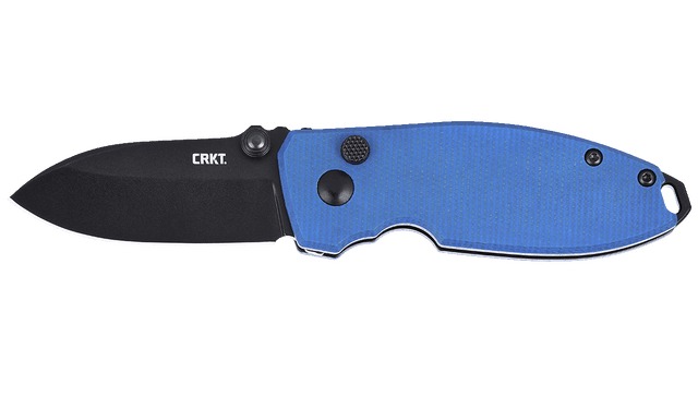 Blue-handled folding pocket knife with black blade