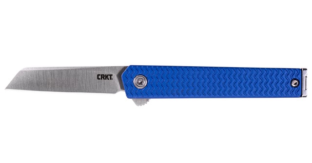 Blue-handled CRKT folding knife on white background
