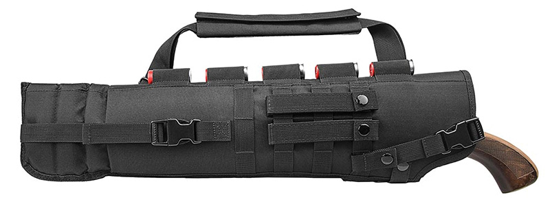 Black tactical shotgun scabbard with shoulder strap