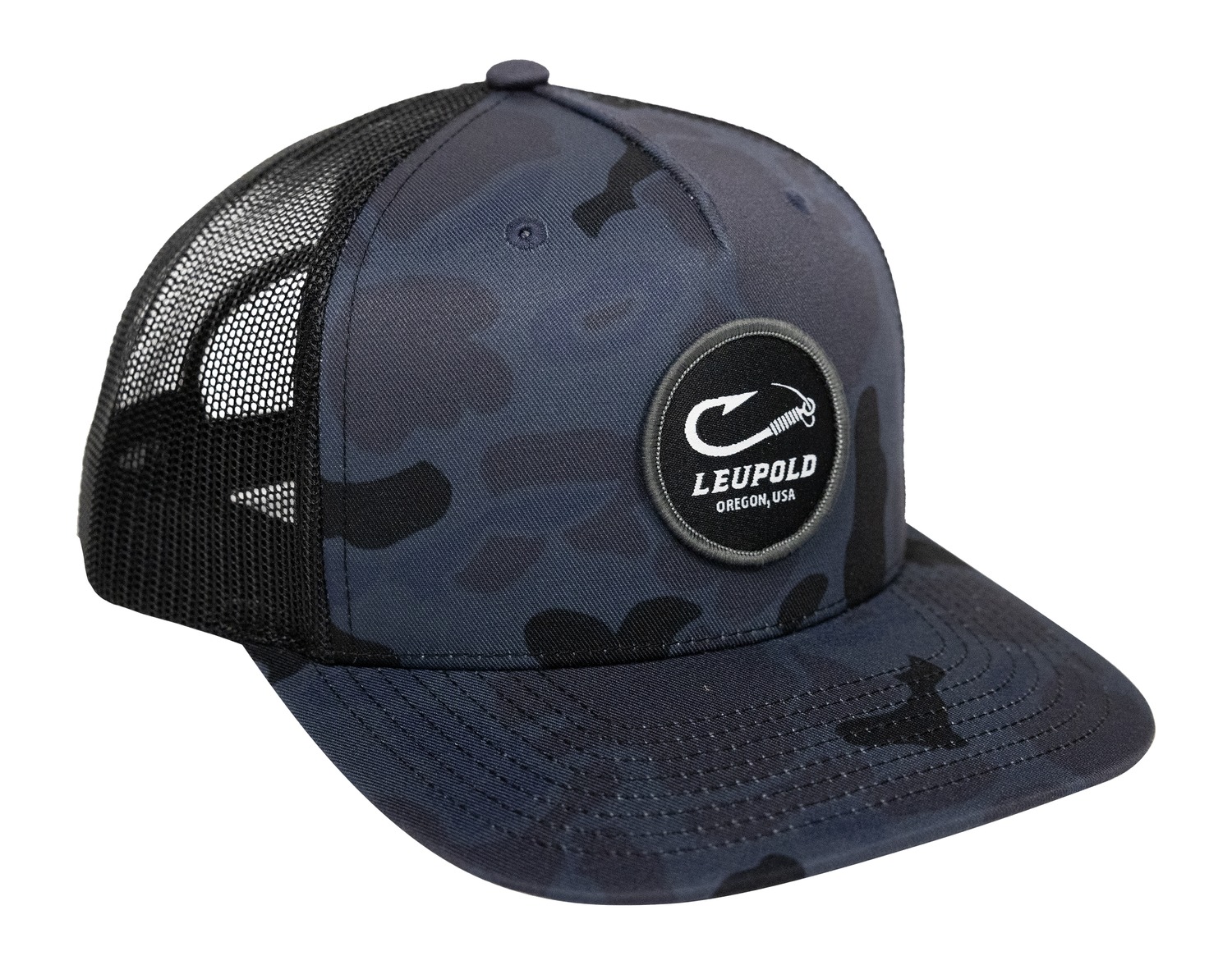 Navy camo trucker hat with Leupold patch