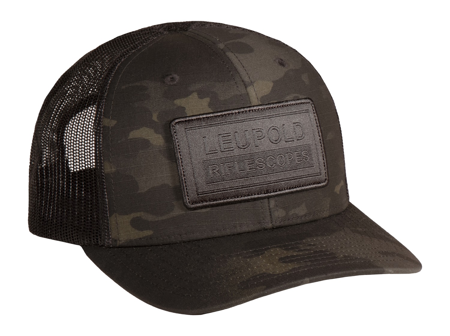 Camouflage mesh-back trucker hat with Leupold patch