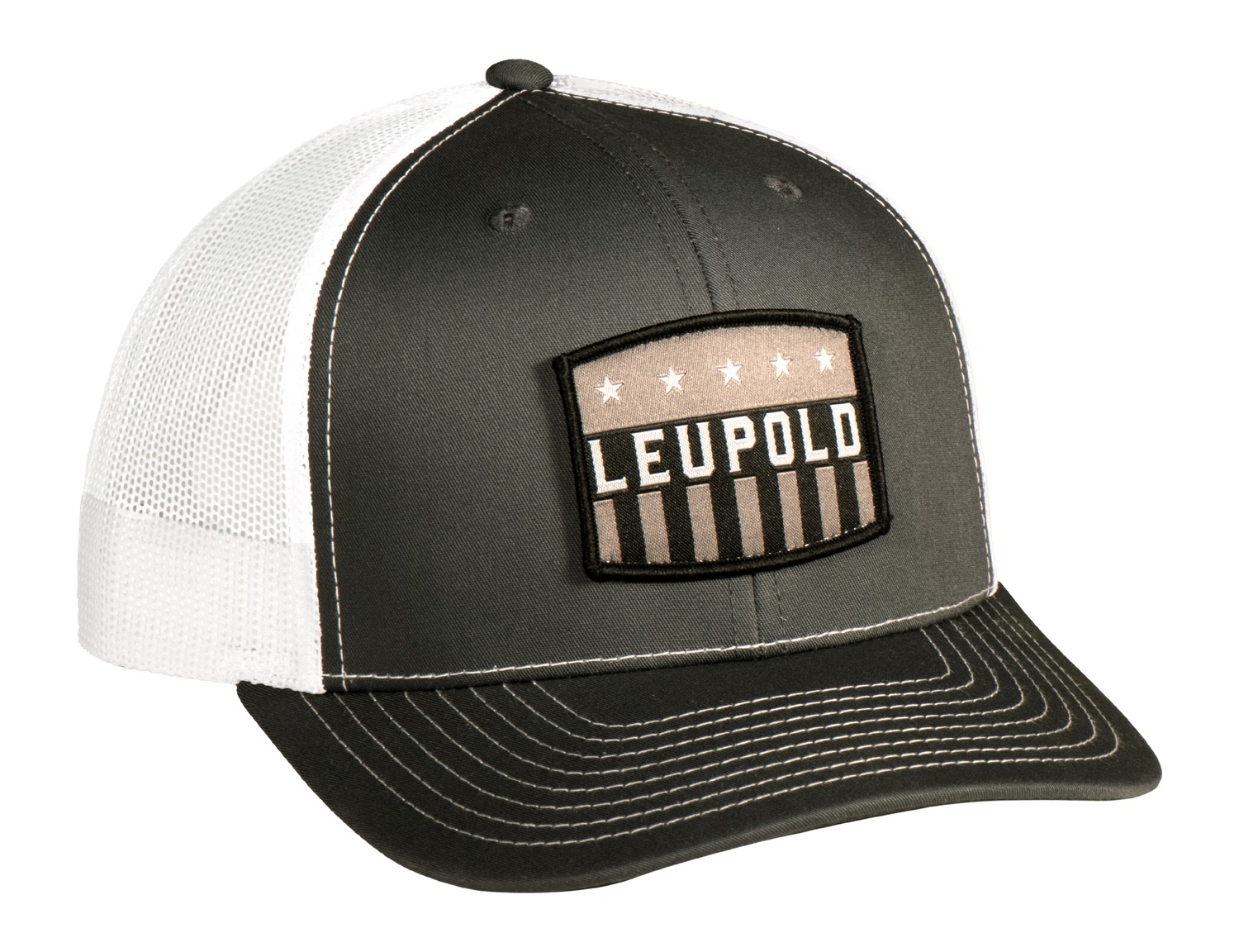 Gray and white Leupold trucker hat with patch