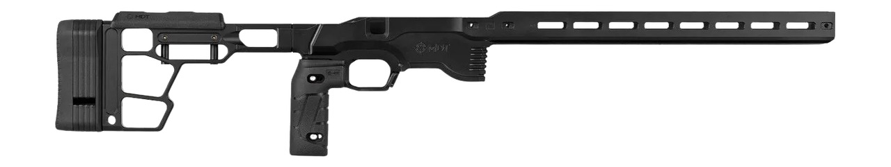 Black precision rifle chassis with adjustable stock