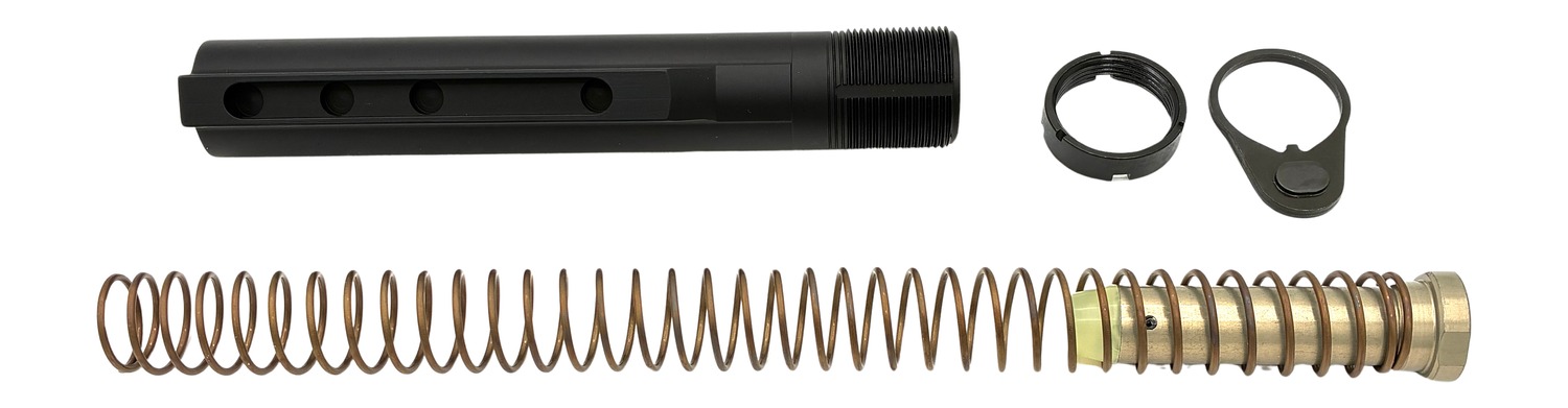 Rifle buffer tube assembly components laid out