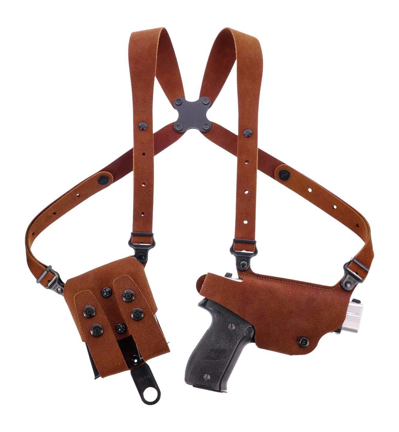 Brown leather shoulder holster with handgun and magazine pouch