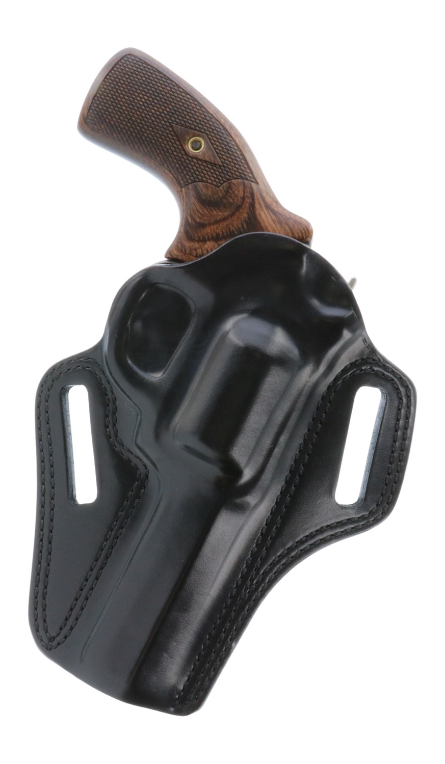 Revolver in black leather belt holster