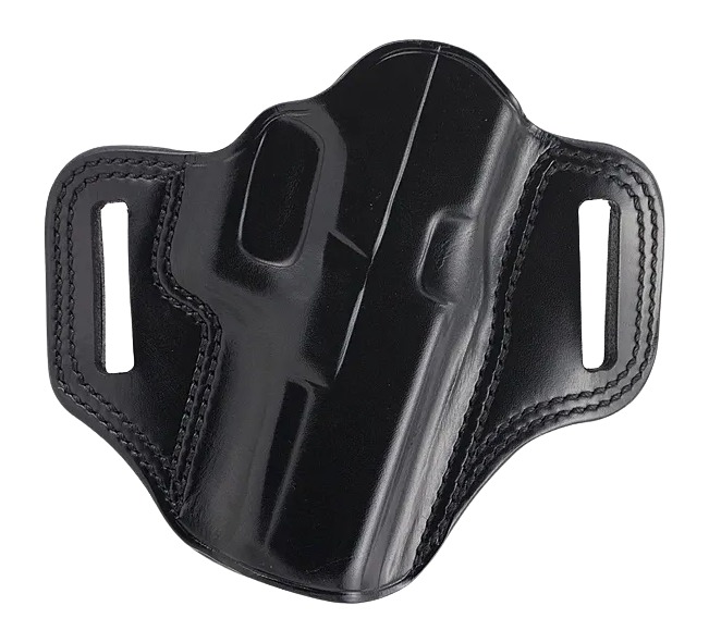 Black leather handgun holster with belt slots