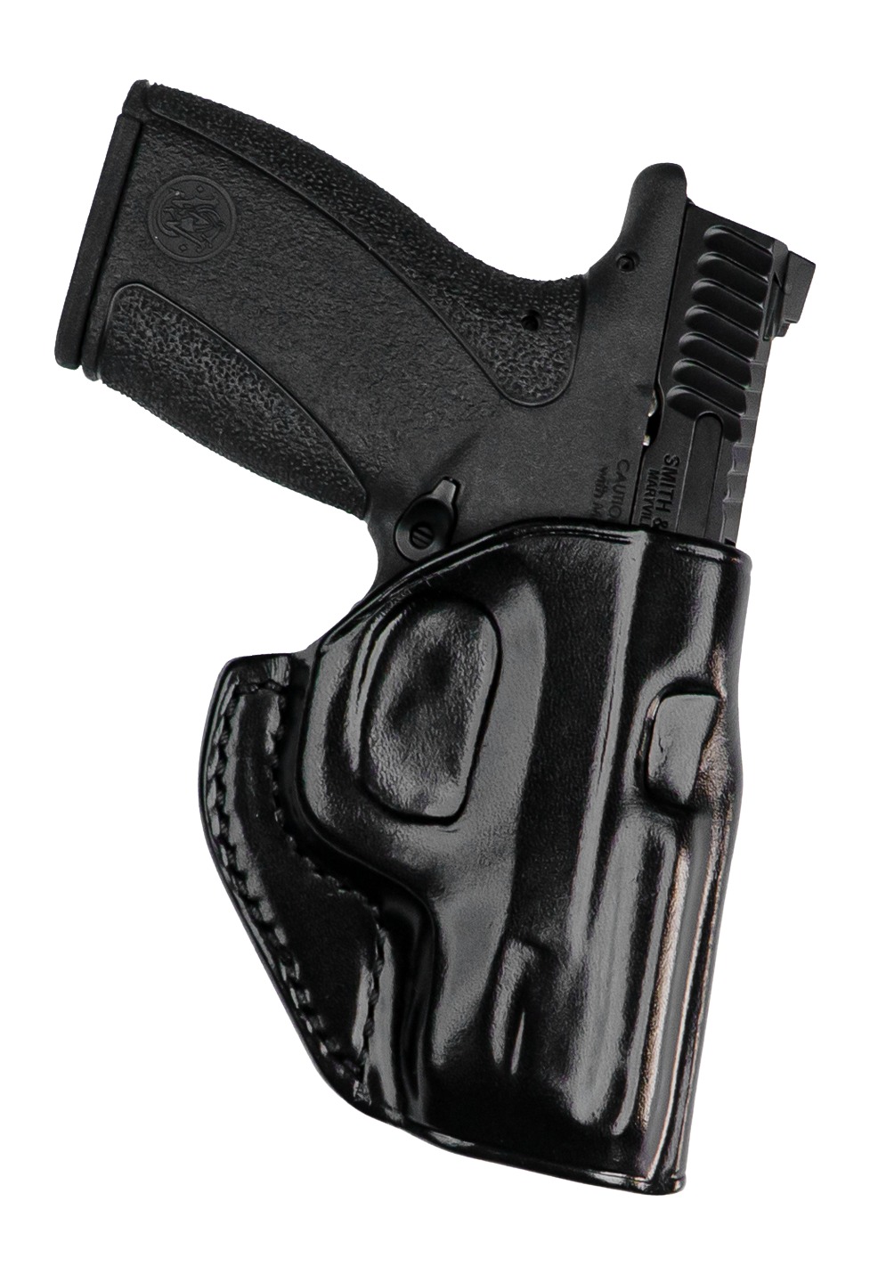 Black semi-automatic pistol in leather holster