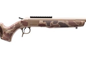 Camouflage bolt-action rifle with long barrel