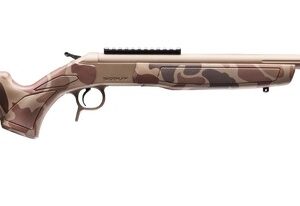 Camouflage bolt-action rifle on white background