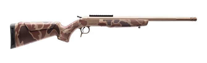 Camouflage bolt-action rifle on white background