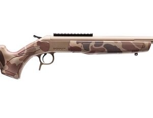 Camouflaged bolt-action rifle on white background