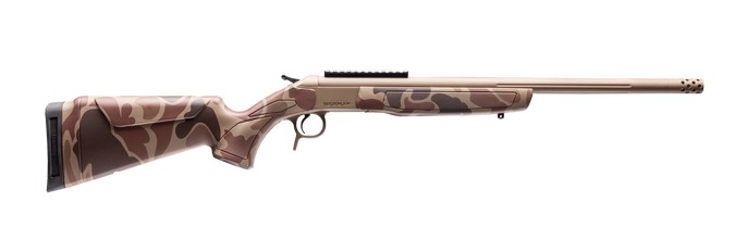 Camouflaged bolt-action rifle on white background