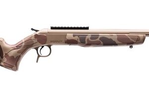 Camouflaged bolt-action rifle on white background