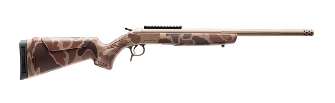 Camouflaged bolt-action rifle on white background