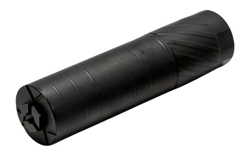 Black cylindrical firearm suppressor on white background